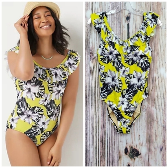 𝅺G.I.L.I. Citrine Tropical Ruffle Top Swimsuit - Picture 1 of 13